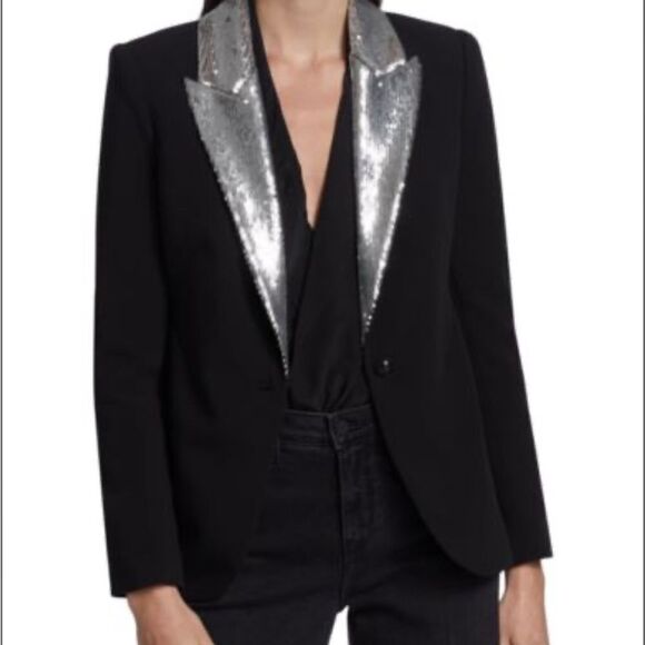 L' AGENCE 'Clementine' Sequin Lapel Ponte Blazer, Black/Silver 00 $850 - Picture 11 of 13